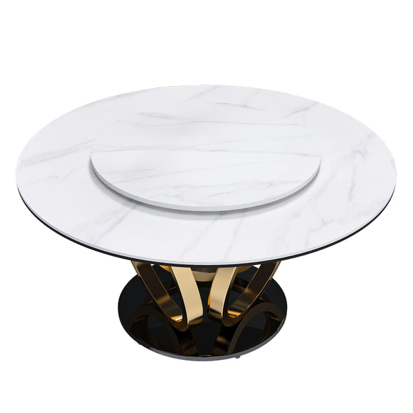 Round Dining Table With 360° Smooth Lazy Susan For Dining Room - Gold / Black / White