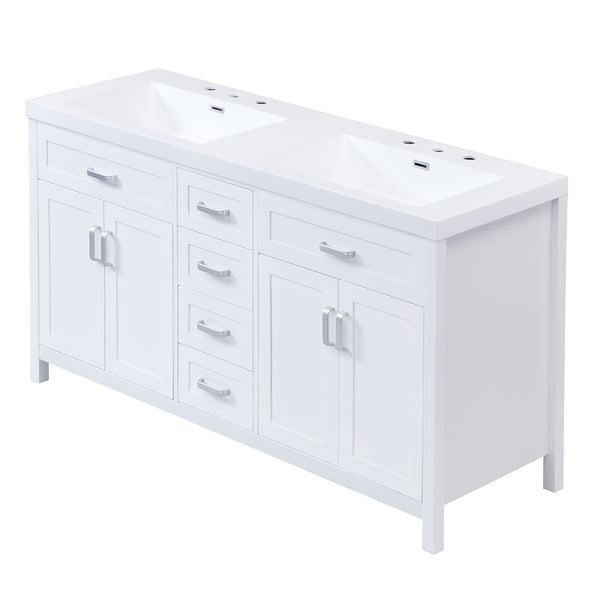 59.1" Minimalist Double Sink Bathroom Vanity With Top, Soft Close Doors & Drawers - White