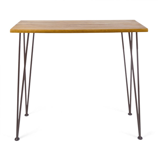 Outdoor Bar Table With Wood Tabletop And Iron Hairpin Legs - Black / Teak