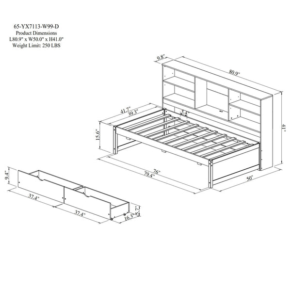 Bed Frame With Side Bookshelves, 2 Drawers, And Built In USB Port