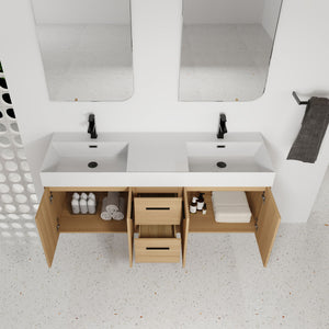 Floating Double Sink Bathroom Vanity With Drawers And Doors, Extra Large Storage, Integrated Sink, Soft Close Hardware - Glossy White / Light Oak