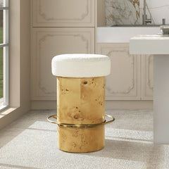Nebula - Backless Round Upholstered Counter Stool With Burl - Ivory White