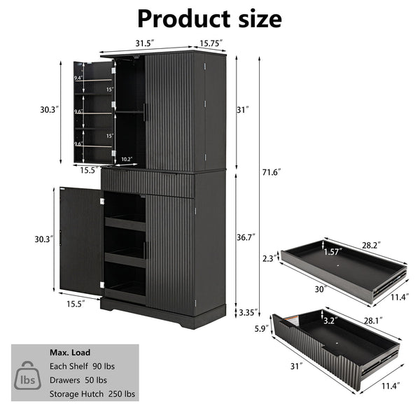 Fluted Kitchen Pantry Cabinet With 3 Keyboard Drawers & 6 Door Shelves Adjustable