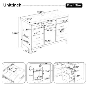 47.25" Modern Bathroom Vanity With Sink, Soft Close Single Door & 6 Drawers - White