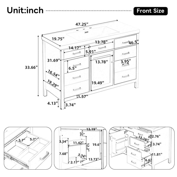 47.25" Modern Bathroom Vanity With Sink, Soft Close Single Door & 6 Drawers - White