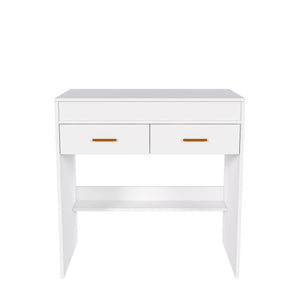 Flip Top Vanity Desk With LED Mirror & Outlet Makeup Table With 2 Drawers, Open Storage, And Jewelry Hooks - White