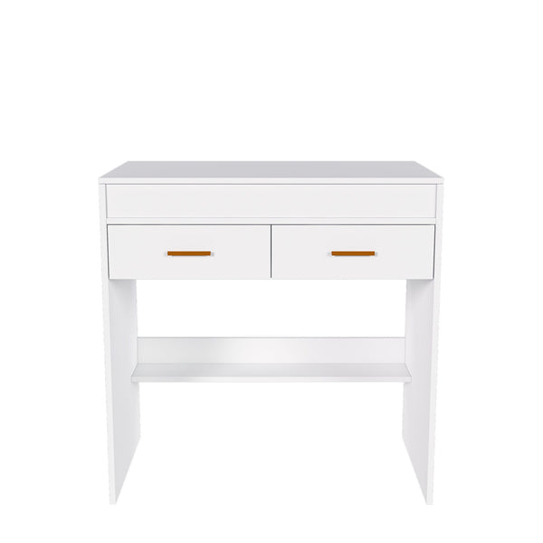 Flip Top Vanity Desk With LED Mirror & Outlet Makeup Table With 2 Drawers, Open Storage, And Jewelry Hooks - White