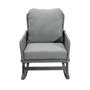 Modern 3 Piece Outdoor Seating Set With Cushioned Rattan Rocking Chairs And Wooden Accent Table