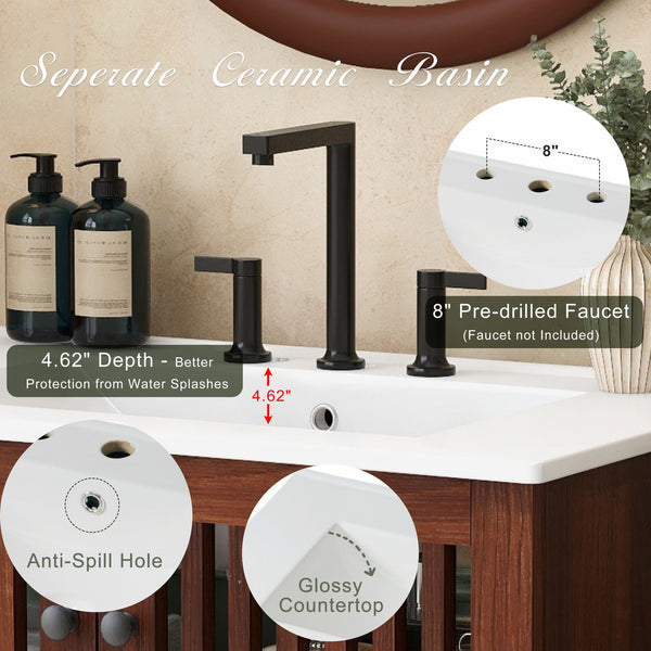 30" Vintage Bathroom Vanity With Ceramic Sink, Modern Bathroom Vanity Cabinet With 2 Soft Close Doors, Equpiied With 4 Sturdy Iron Legs - Antique Dark Brown