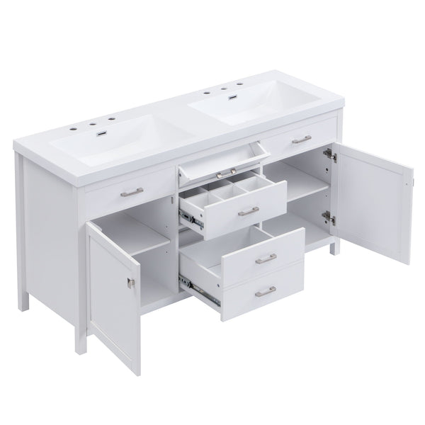Double Sink Bathroom Vanity With Top, Soft Closing Doors & Drawers, Tip Out Drawer, 2 Cabinet Doors, Adjustable Shelf - White