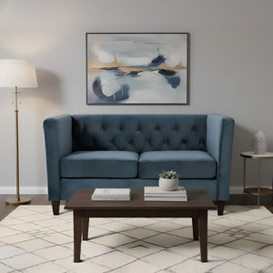 Button Tufted Loveseat, Upholstered 2 Seater With Square Arm For Living Room - Navy Blue