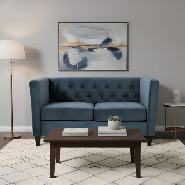 Button Tufted Loveseat, Upholstered 2 Seater With Square Arm For Living Room - Navy Blue