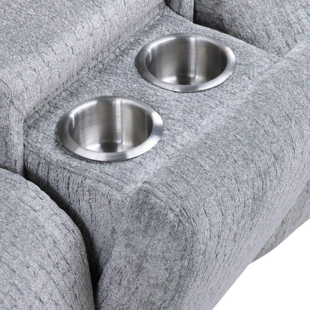 Fullar - Modular Power Motion Sectional Sofa With Console, 2 Wireless Chargers, 4 Cupholders, And 2 Speakers, 1 Phone Holder And 1 Reading Light, Adjustable Headrest - Light Gray