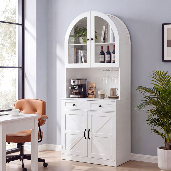 Tall Arched Pantry Cabinet With Charging Station, Adjustable Shelves, Coffee Bar