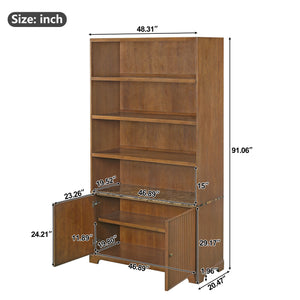 Tall Bookcase Storage Cabinet With 3 Open Shelves & Fluted Double Doors
