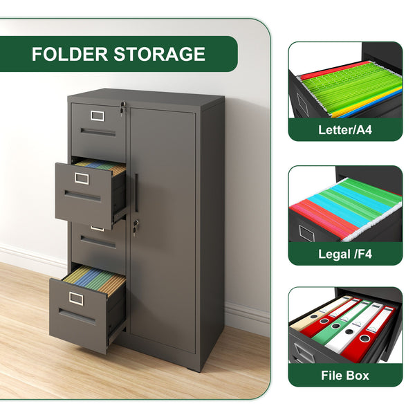 Metal Storage Vertical Filing Cabinet With Lock, 4 Drawers, 1 Door, Steel Construction, School / Office Use