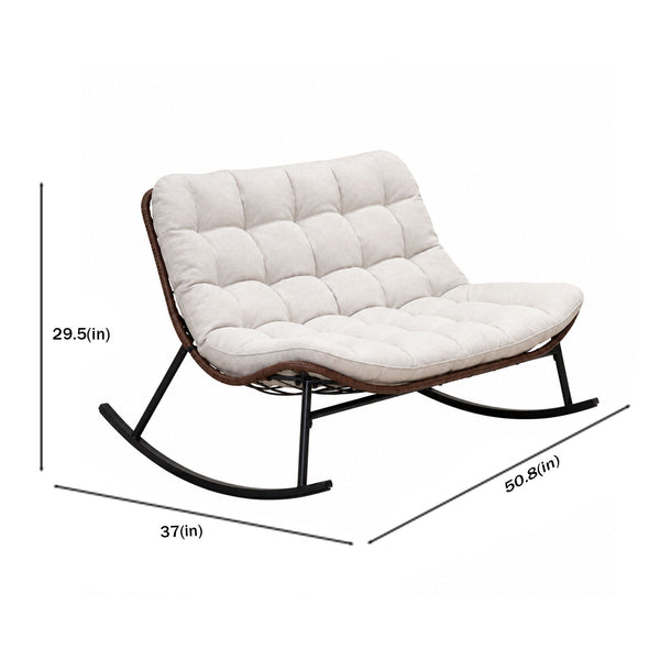 Double Wide Rocking Papasan Chair, 2 Person Outdoor Lounge Seating - Acacia Wood / Beige