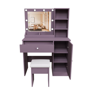 Vanity Desk Set With Padded Stool And Adjustable LED Mirror, 3 Color Light Modes - Purple