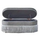 Oval Upholstered Storage Ottoman With Fringe Trim & Lift Top Lid