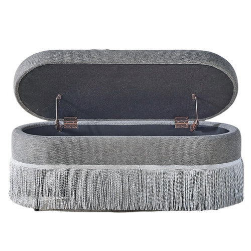 Oval Upholstered Storage Ottoman With Fringe Trim & Lift Top Lid