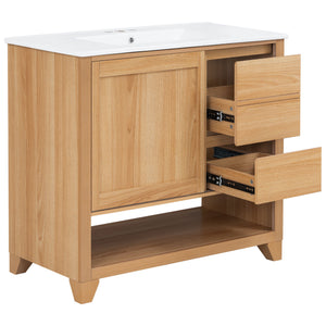 36" Bathroom Vanity With Sink, Soft Close Drawers - Natural