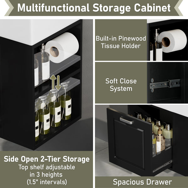 Modern Wall Mounted Bathroom Vanity With Sink, Soft Close Drawer, Adjustable Shelf, Toilet Paper Holder