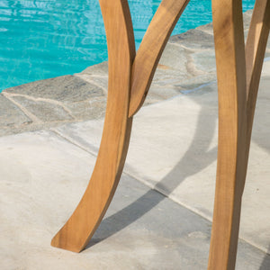 Outdoor Rectangular Table With Curved Legs And Perpendicular Wooden Slats Table Top