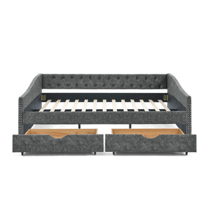 Upholstered Tufted Daybed With Drawers, Waved Arms