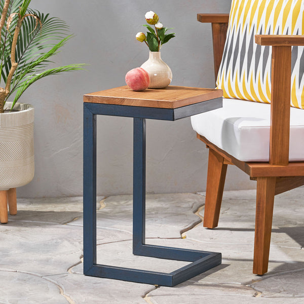 Small C Shaped End Table With Iron Base And Fir Wood Top - Black