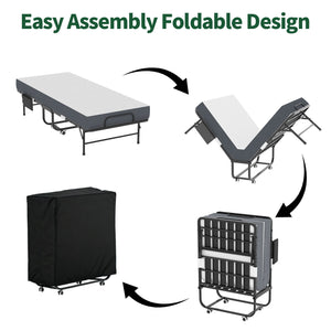 Twin Folding Bed With Memory Foam Mattress, Space Saving Rollaway Guest, On Wheels, Portable For Adults & Guests - Black