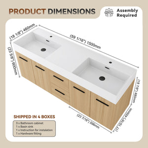 Floating Double Sink Bathroom Vanity With Drawers And Doors, Extra Large Storage, Integrated Sink, Soft Close Hardware - Glossy White / Light Oak