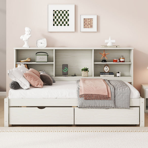 Bed Frame With Side Bookshelves, 2 Drawers, And Built In USB Port