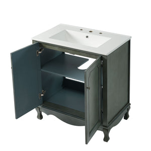Double Sinks Bathroom Vanity Set, Vintage Bathroom Cabinet With 2 Separate Sinks - Antique Blue Green / Teal