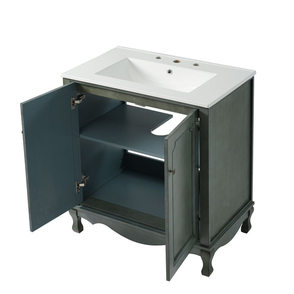 Double Sinks Bathroom Vanity Set, Vintage Bathroom Cabinet With 2 Separate Sinks - Antique Blue Green / Teal