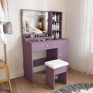 Vanity Desk Set With Padded Stool & Adjustable LED Mirror, 3 Color Mode Lighting, Compact For Bedroom - Purple