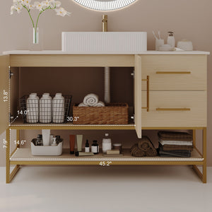 Bathroom Vanity With Vessel Sink Accent Free Standing Cabinet - Ameican White Oak / Gold / White