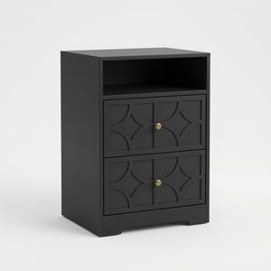 Nightstand With Diamond Carvings Handles, 2 Drawers & Charging Station