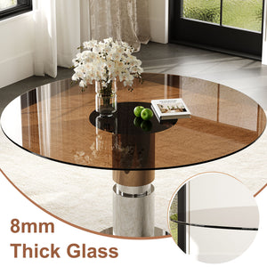 Round Dining Table / Tempered Glass Top - Brown
