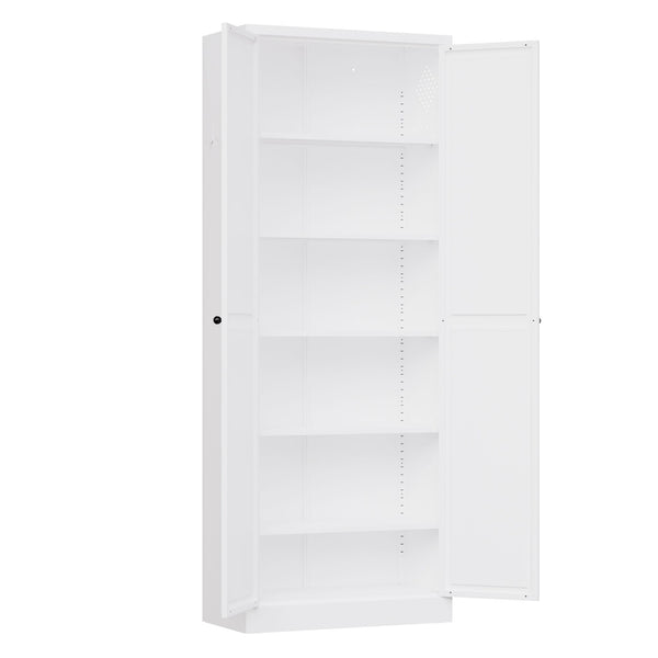 Kitchen Pantry Cabinet With Doors, Heavy-Duty Freestanding Storage Organizer With 5 Adjustable Shelves, Tool Free Assembly - White