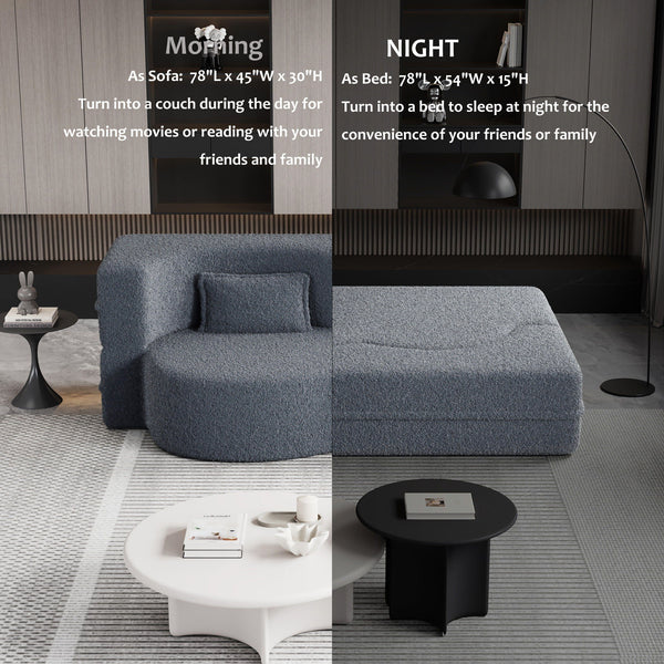 Modern Floor Sofa, With 2 Pillows, Convertible Teddy Fabric Foam Filled Bed