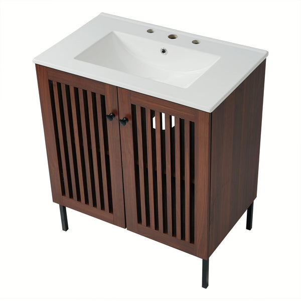 30" Vintage Bathroom Vanity With Ceramic Sink, Modern Bathroom Vanity Cabinet With 2 Soft Close Doors, Equpiied With 4 Sturdy Iron Legs - Antique Dark Brown