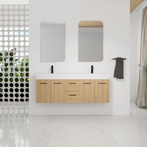 Floating Double Sink Bathroom Vanity With Drawers And Doors, Extra Large Storage, Integrated Sink, Soft Close Hardware - Glossy White / Light Oak