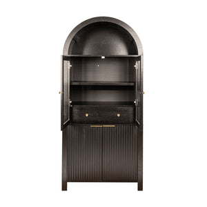 Fluted Tall Arched Pantry Cabinet With Adjustable Shelves, Glass Door & Hidden Drawer For Kitchen
