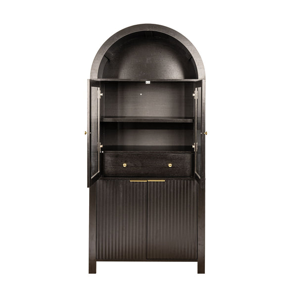 Fluted Tall Arched Pantry Cabinet With Adjustable Shelves, Glass Door & Hidden Drawer For Kitchen