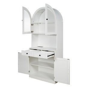 Tall Arched Pantry Cabinet With Charging Station, Adjustable Shelves, Coffee Bar