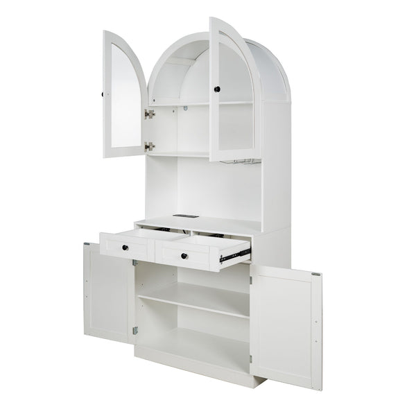 Tall Arched Pantry Cabinet With Charging Station, Adjustable Shelves, Coffee Bar