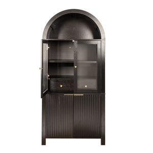 Fluted Tall Arched Pantry Cabinet With Adjustable Shelves, Glass Door & Hidden Drawer For Kitchen