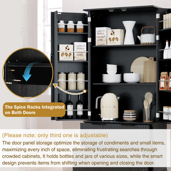 Fluted Kitchen Pantry Cabinet With 2 Large Drawers & 8 Door Spice Rack Freestanding Storage Organizer - Black