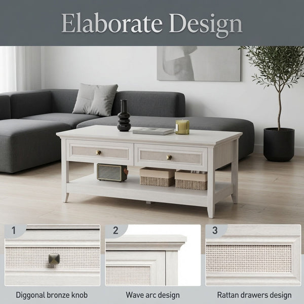Coffee Table With Drawers & Storage Shelf - White