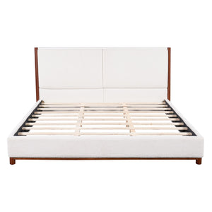 King Upholstered Bed Frame, No Box Spring Needed - Walnut / White